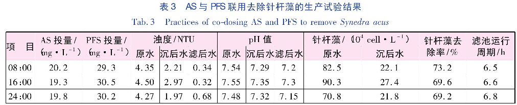 表3 AS與PFS聯用去除針桿藻的生產試驗結果
